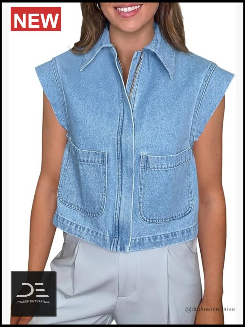 Zip Up Denim Vest Top Cap Sleeve Cropped Jean Vest Jacket Casual Sleeveless